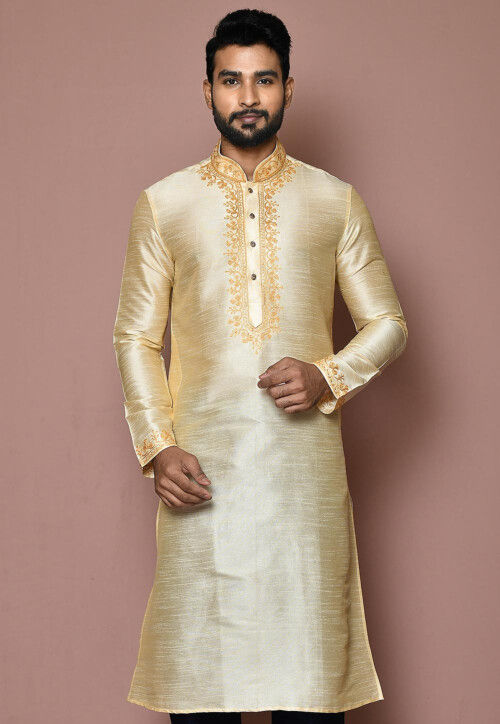 Embroidered Dupion Silk Kurta in Cream