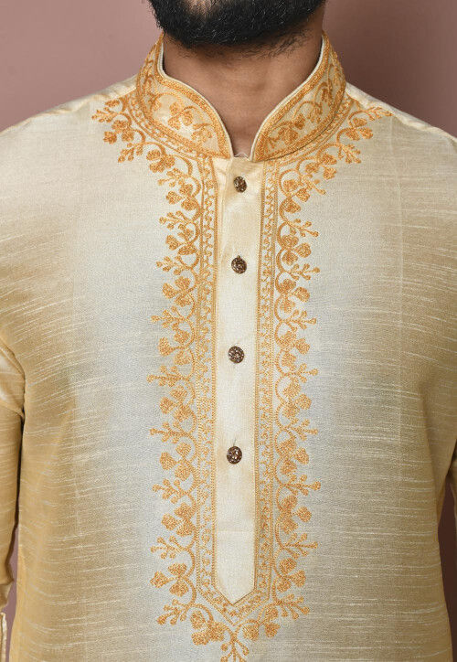 Embroidered Dupion Silk Kurta in Cream