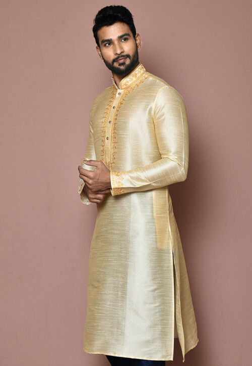 Embroidered Dupion Silk Kurta in Cream