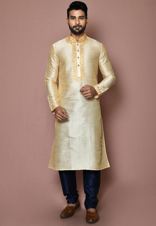 Embroidered Dupion Silk Kurta in Cream