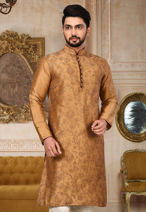 Grey - Polka Zari Butta Spun Dupion Silk Long Straight Kurta