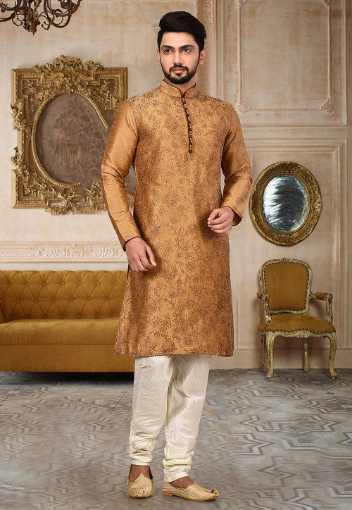 Brown Kurta Pajama Printed Dhupion Silk