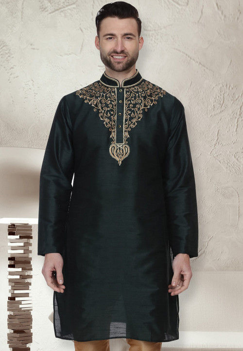 Embroidered Dupion Silk Kurta in Dark Green