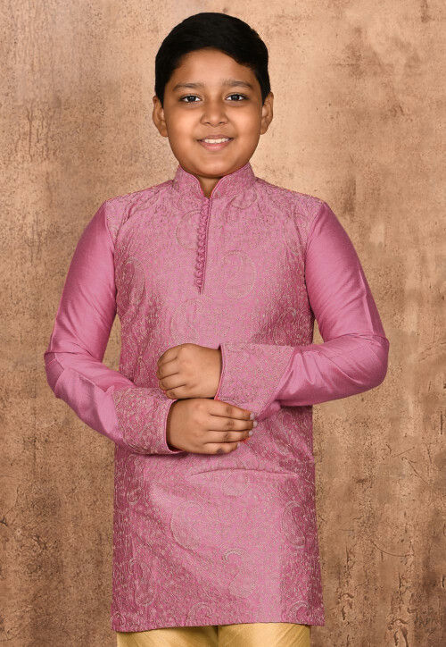 Embroidered Dupion Silk Kurta in Dark Pink