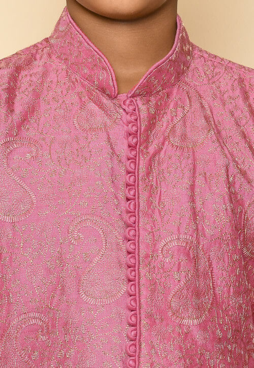 Embroidered Dupion Silk Kurta in Dark Pink