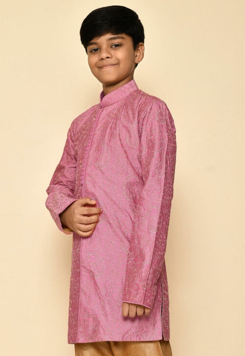 Embroidered Dupion Silk Kurta in Dark Pink
