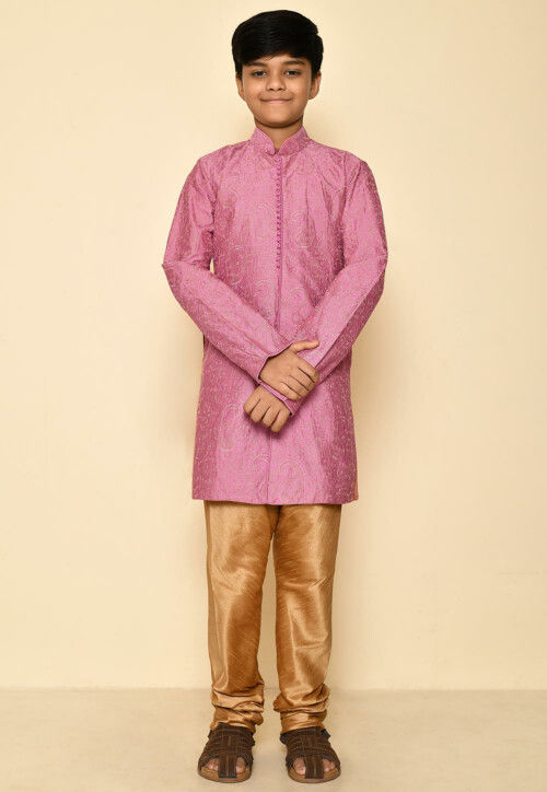 Embroidered Dupion Silk Kurta in Dark Pink