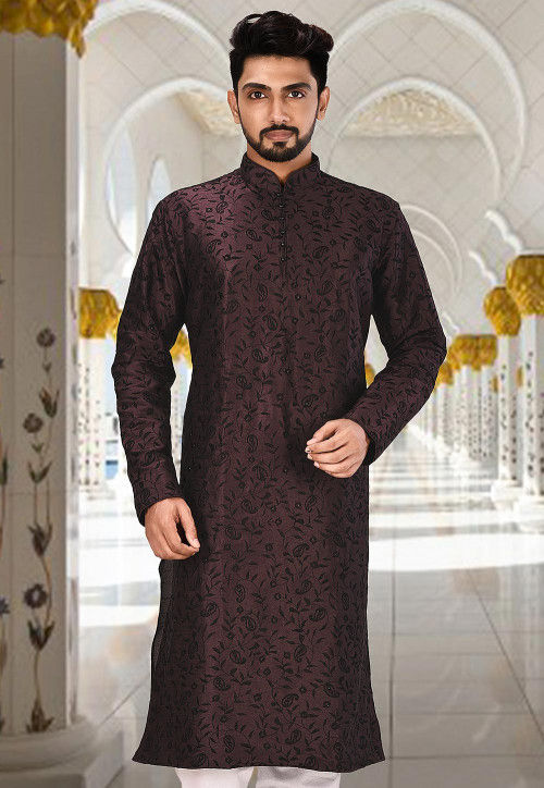 Embroidered Dupion Silk Kurta in Dark Wine