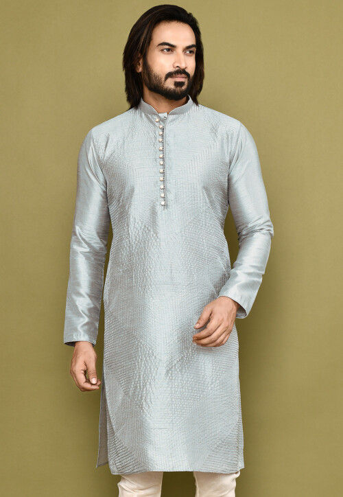 Embroidered Dupion Silk Kurta in Grey