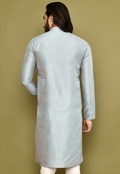Embroidered Dupion Silk Kurta in Grey