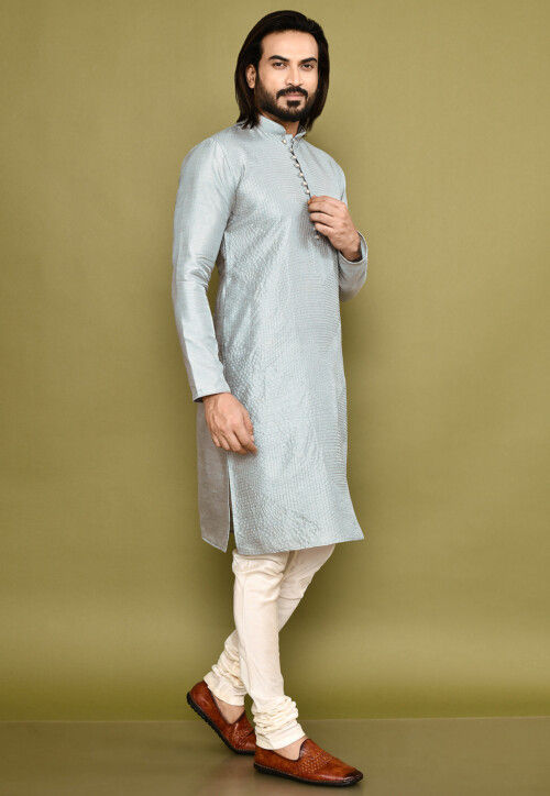 Embroidered Dupion Silk Kurta in Grey