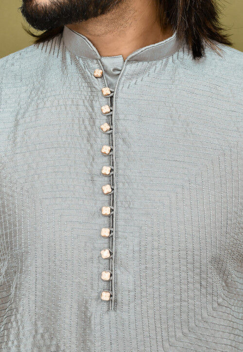 Embroidered Dupion Silk Kurta in Grey