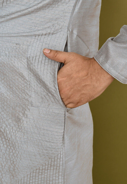 Embroidered Dupion Silk Kurta in Grey