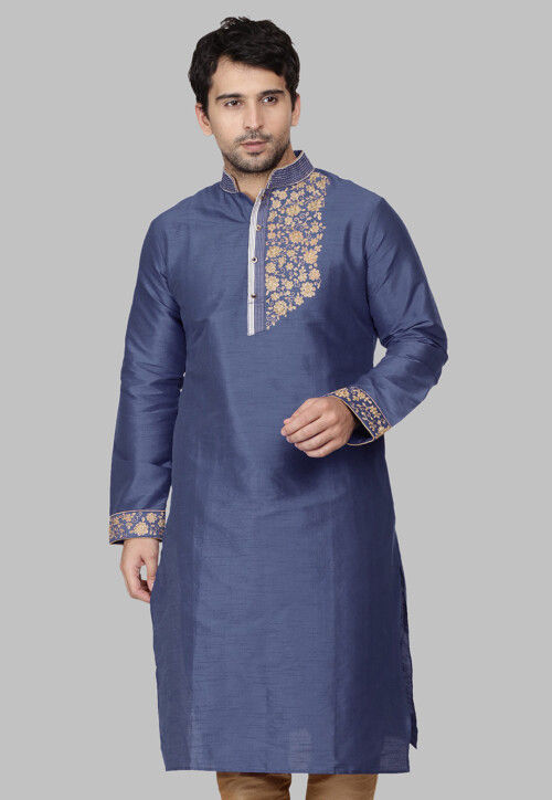 Embroidered Dupion Silk Kurta in Grey