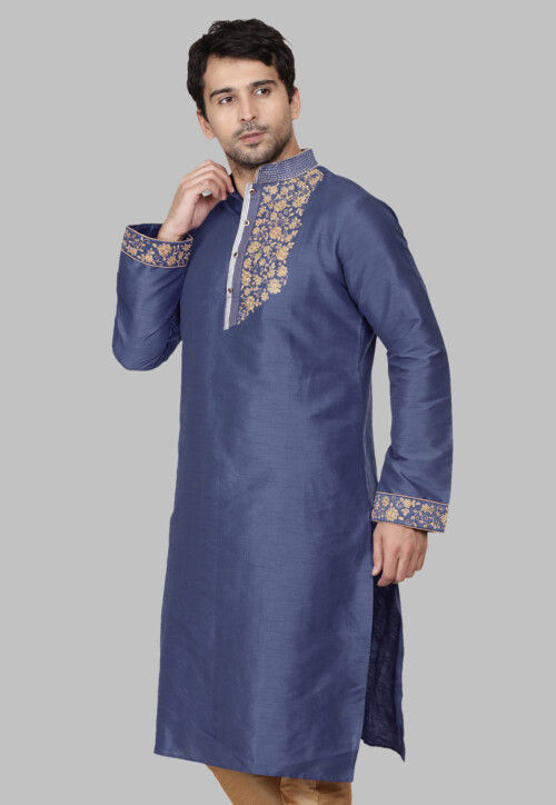 Embroidered Dupion Silk Kurta in Grey