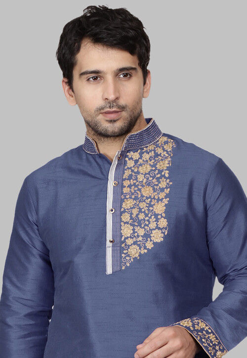 Embroidered Dupion Silk Kurta in Grey