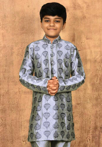 Embroidered Dupion Silk Kurta in Grey