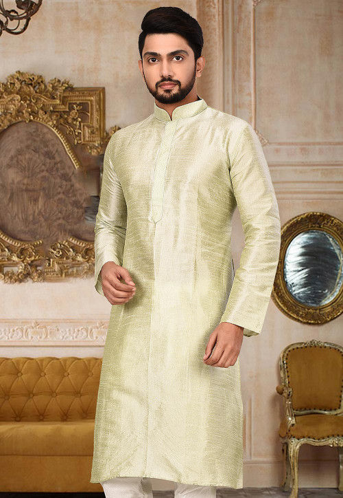 Embroidered Dupion Silk Kurta in Light Green