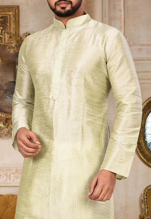 Embroidered Dupion Silk Kurta in Light Green
