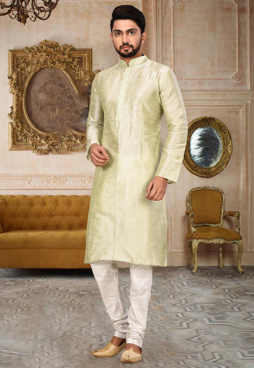 Embroidered Dupion Silk Kurta in Light Green