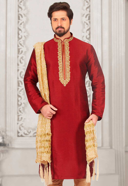 Embroidered Dupion Silk Kurta in Maroon