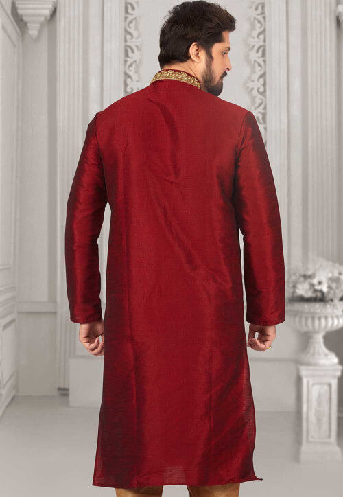 Embroidered Dupion Silk Kurta in Maroon