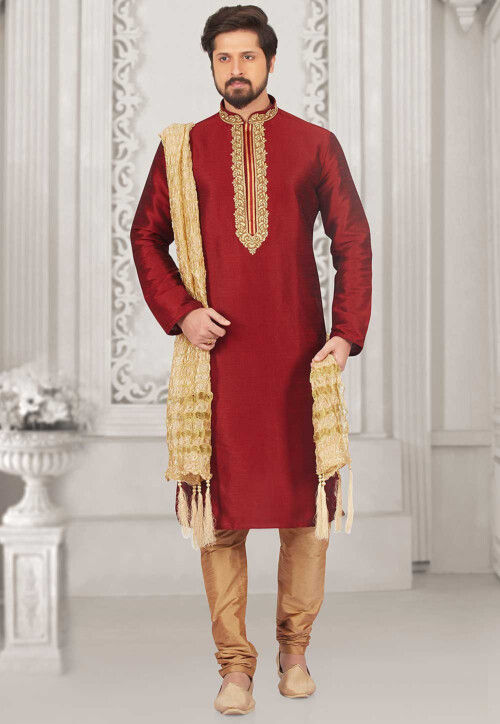 Embroidered Dupion Silk Kurta in Maroon