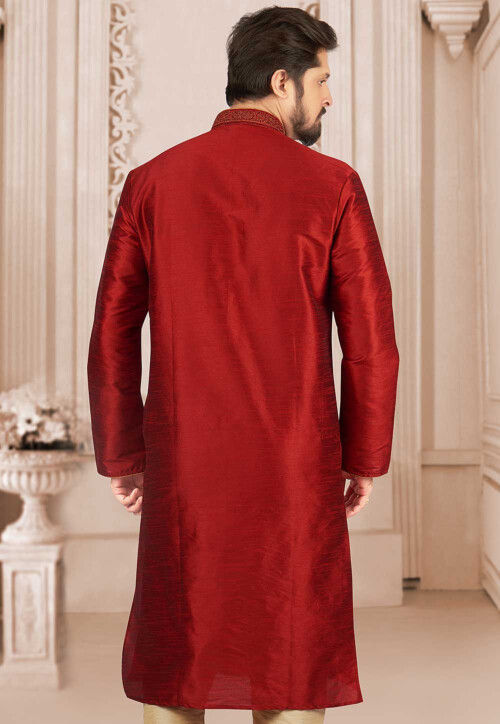 Embroidered Dupion Silk Kurta in Maroon