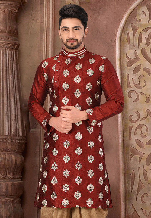 Embroidered Dupion Silk Kurta in Maroon