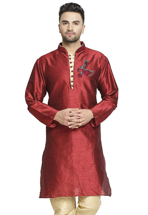 Embroidered Dupion Silk Kurta in Maroon