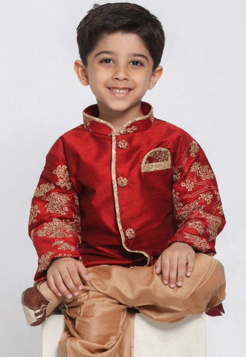 Embroidered Dupion Silk Kurta in Maroon