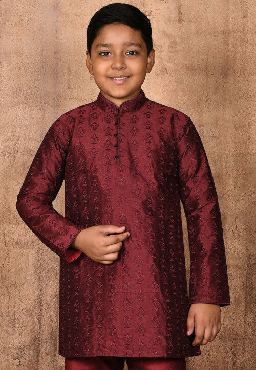 Embroidered Dupion Silk Kurta in Maroon