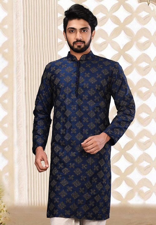Embroidered Dupion Silk Kurta in Navy Blue
