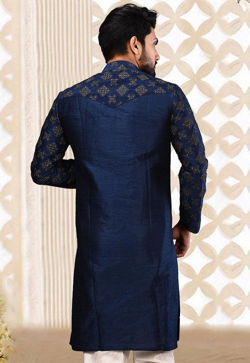 Embroidered Dupion Silk Kurta in Navy Blue