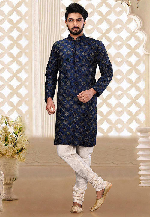 Embroidered Dupion Silk Kurta in Navy Blue