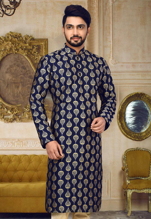 Embroidered Dupion Silk Kurta in Navy Blue