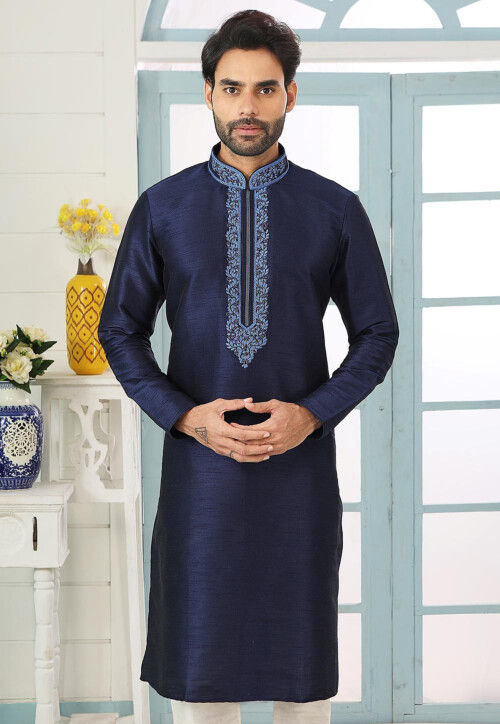 Embroidered Dupion Silk Kurta in Navy Blue