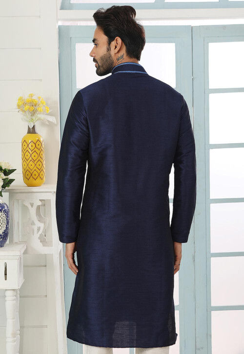 Embroidered Dupion Silk Kurta in Navy Blue