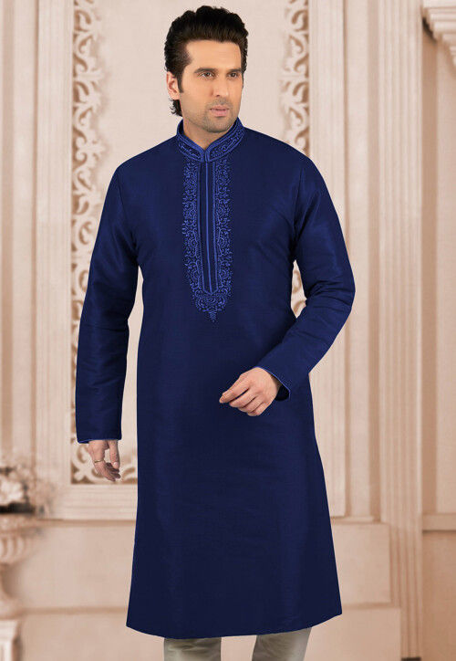 Embroidered Dupion Silk Kurta in Navy Blue