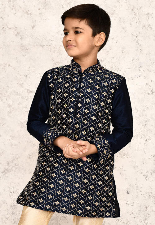 Embroidered Dupion Silk Kurta in Navy Blue
