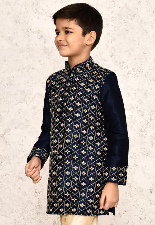 Embroidered Dupion Silk Kurta in Navy Blue