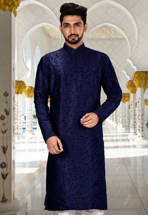 Embroidered Dupion Silk Kurta in Navy Blue