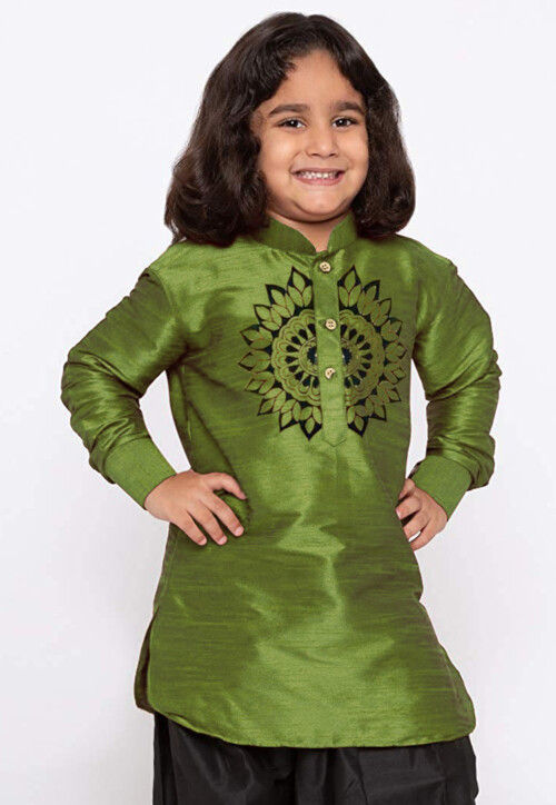 Embroidered Dupion Silk Kurta in Olive Green