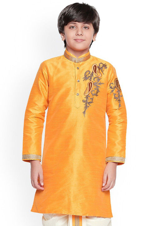 Embroidered Dupion Silk Kurta in Orange