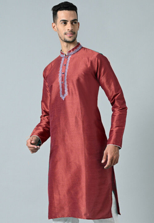 Embroidered Dupion Silk Kurta in Red
