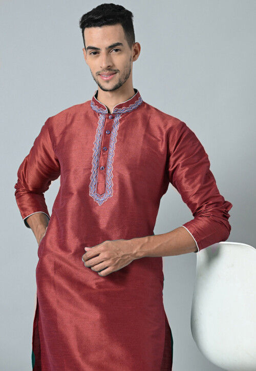 Embroidered Dupion Silk Kurta in Red