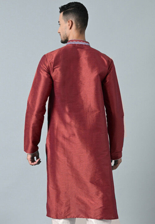 Embroidered Dupion Silk Kurta in Red