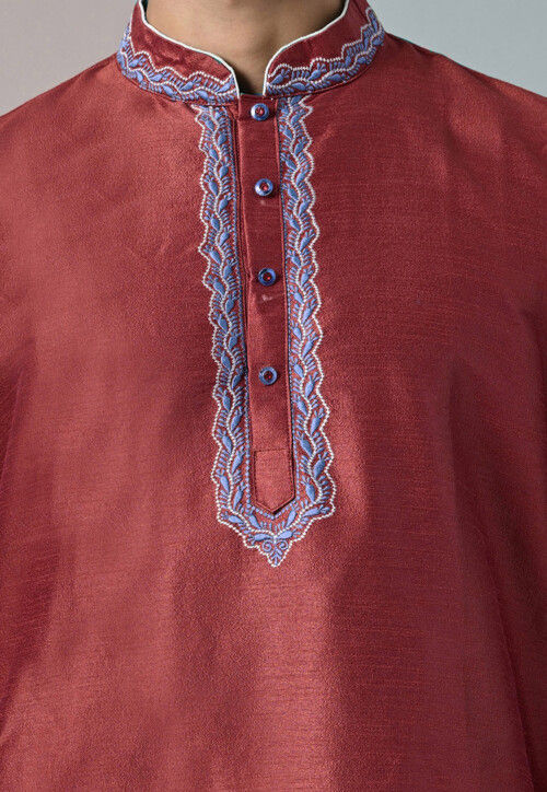Embroidered Dupion Silk Kurta in Red