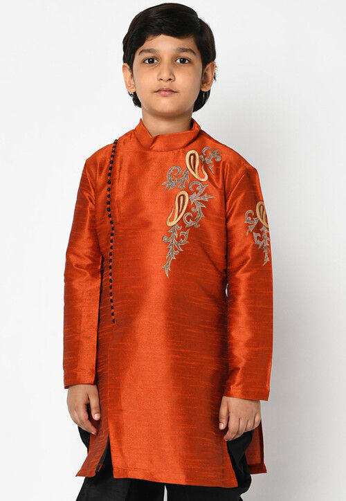 Embroidered Dupion Silk Kurta in Rust