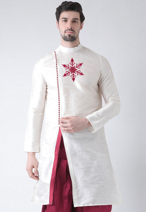 Embroidered Dupion Silk Kurta in White